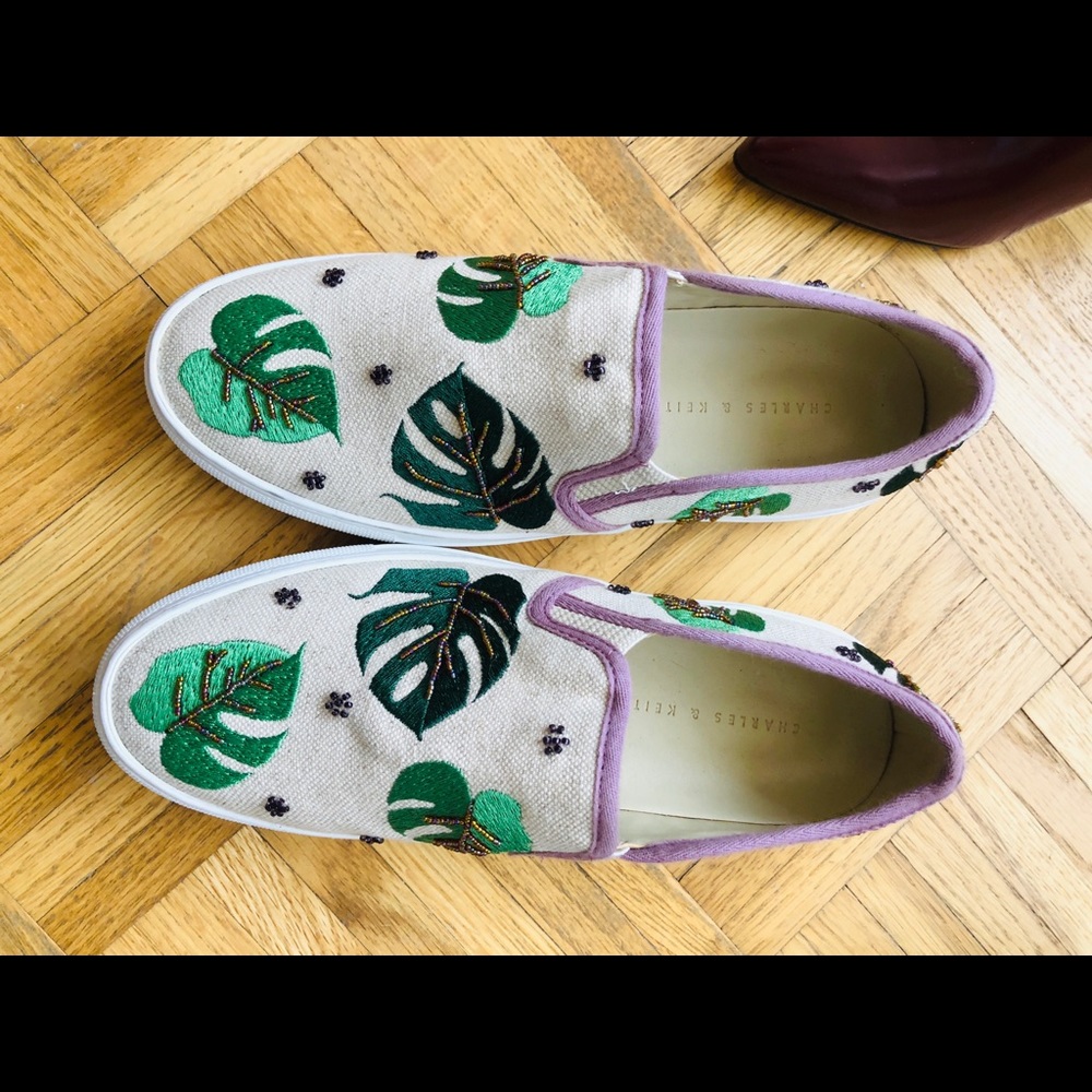 Charles Keith Palm Tree Embroidery Loafers Shoes